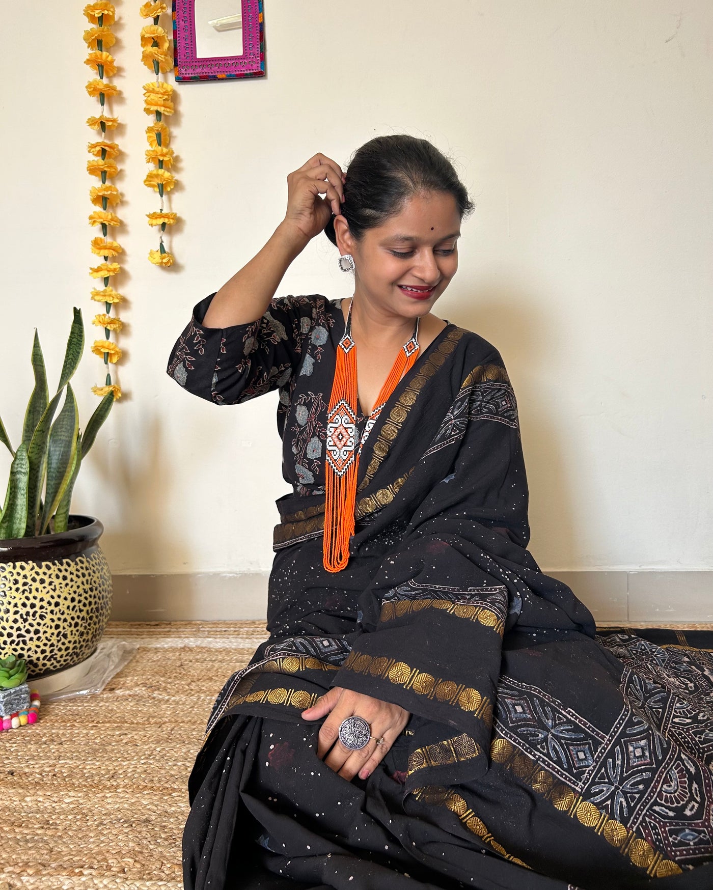 Aasma me taare:Black, Handblock printed ajrakh madurai cotton saree