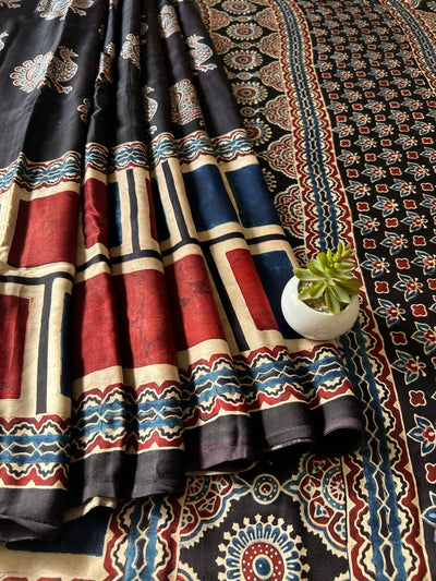 Rupanjali:BLACK,HANDBLOCK PRINTED AJRAKH MODAL SILK SAREE