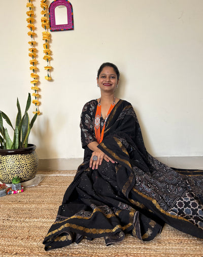 Aasma me taare:Black, Handblock printed ajrakh madurai cotton saree