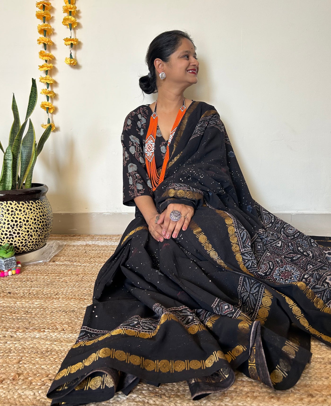 Aasma me taare:Black, Handblock printed ajrakh madurai cotton saree