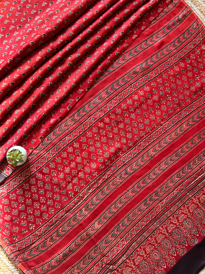 MEETHI:MADDER,HANDBLOCK PRINTED AJRAKH MODAL SILK SAREE