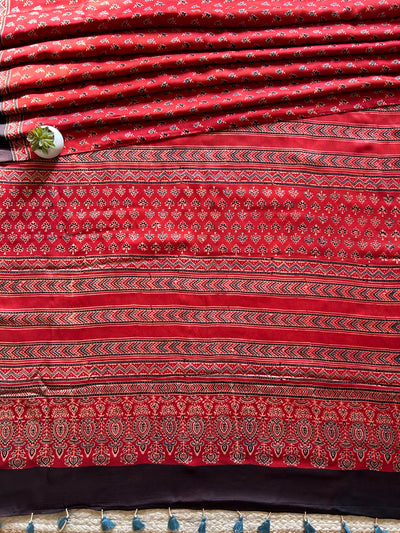 MEETHI:MADDER,HANDBLOCK PRINTED AJRAKH MODAL SILK SAREE