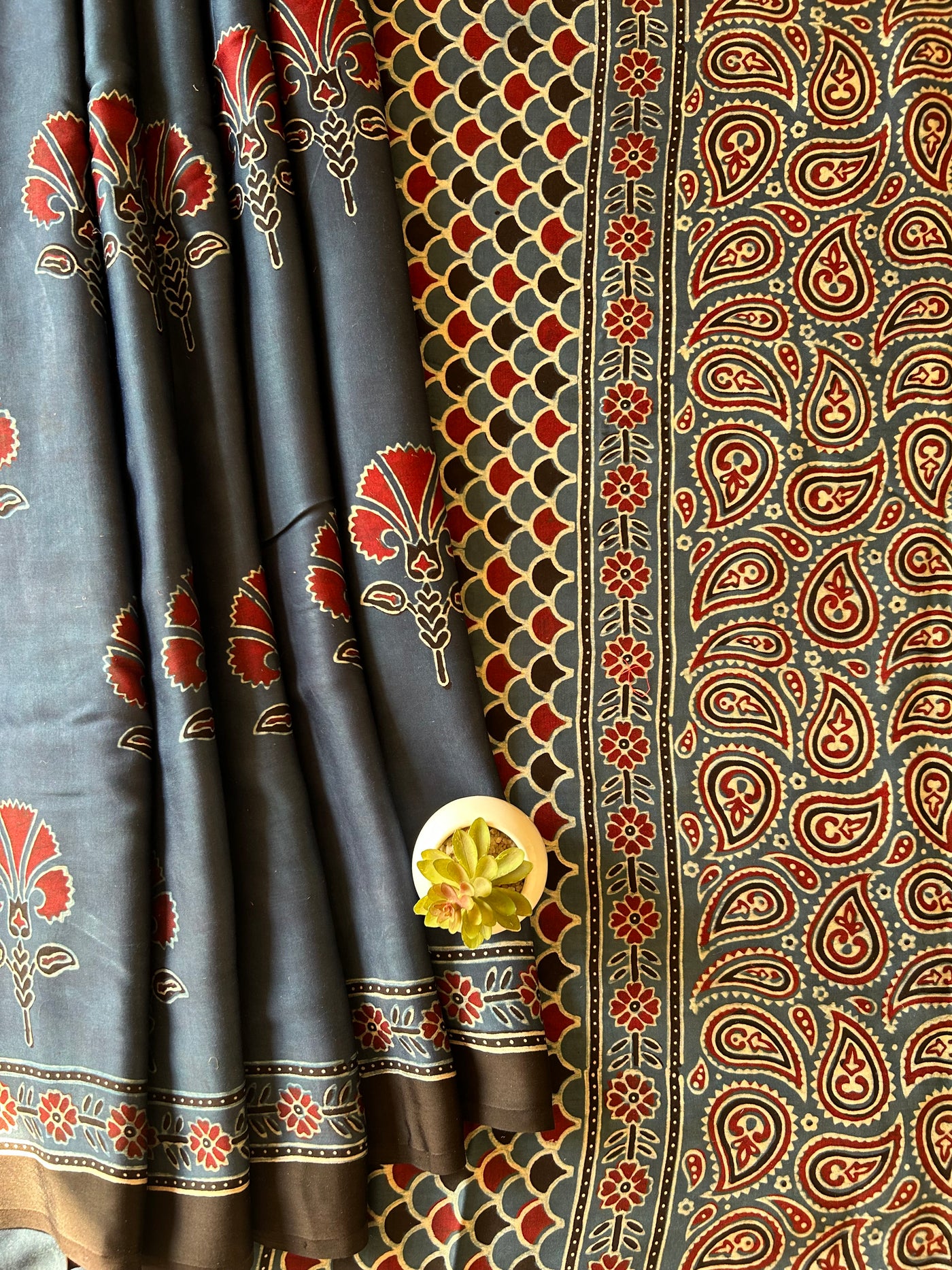 Swara:Indigo,HANDBLOCK PRINTED AJRAKH MODAL SILK SAREE