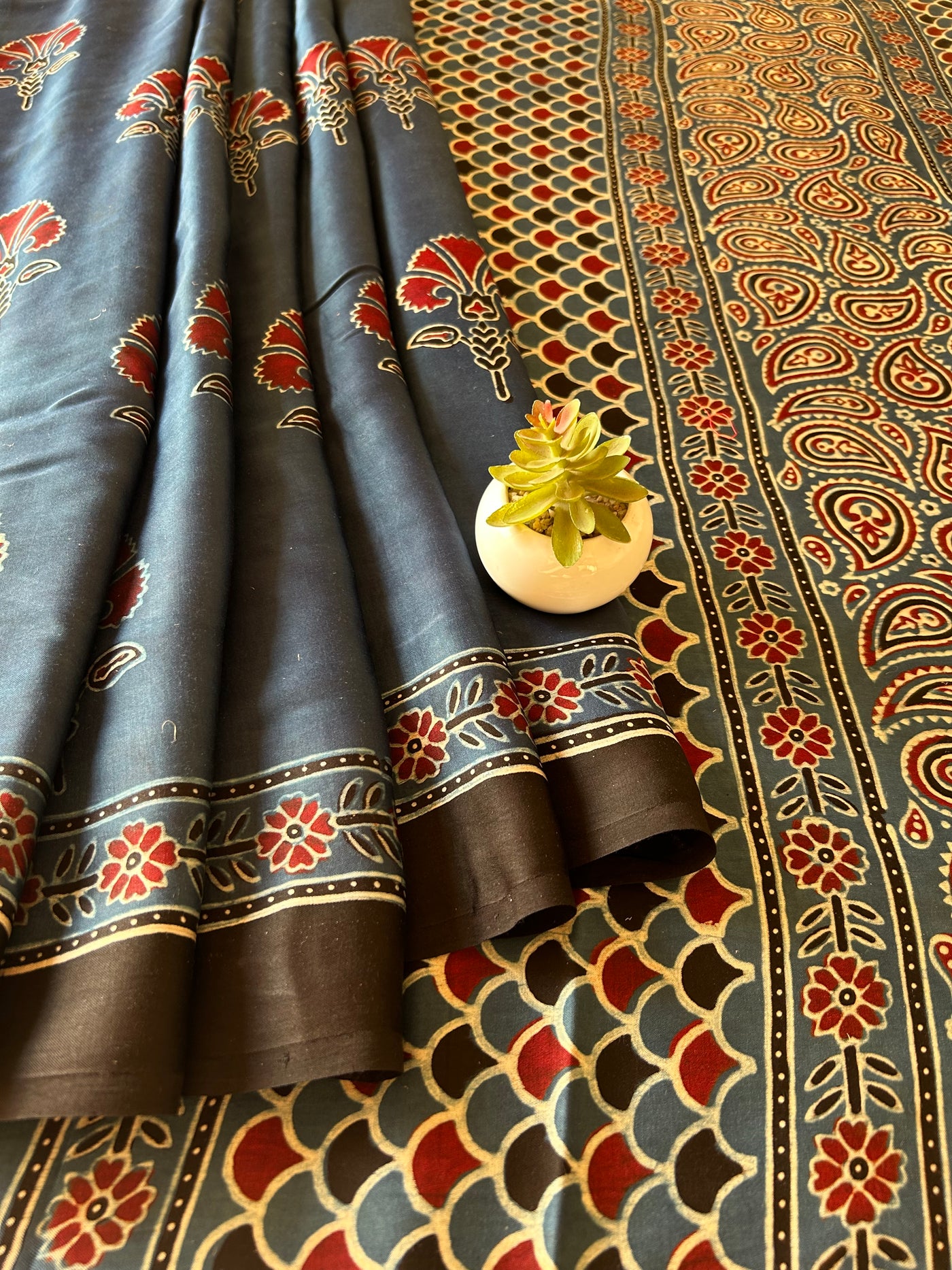 Swara:Indigo,HANDBLOCK PRINTED AJRAKH MODAL SILK SAREE