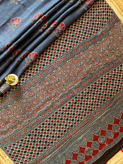 Swara:Indigo,HANDBLOCK PRINTED AJRAKH MODAL SILK SAREE