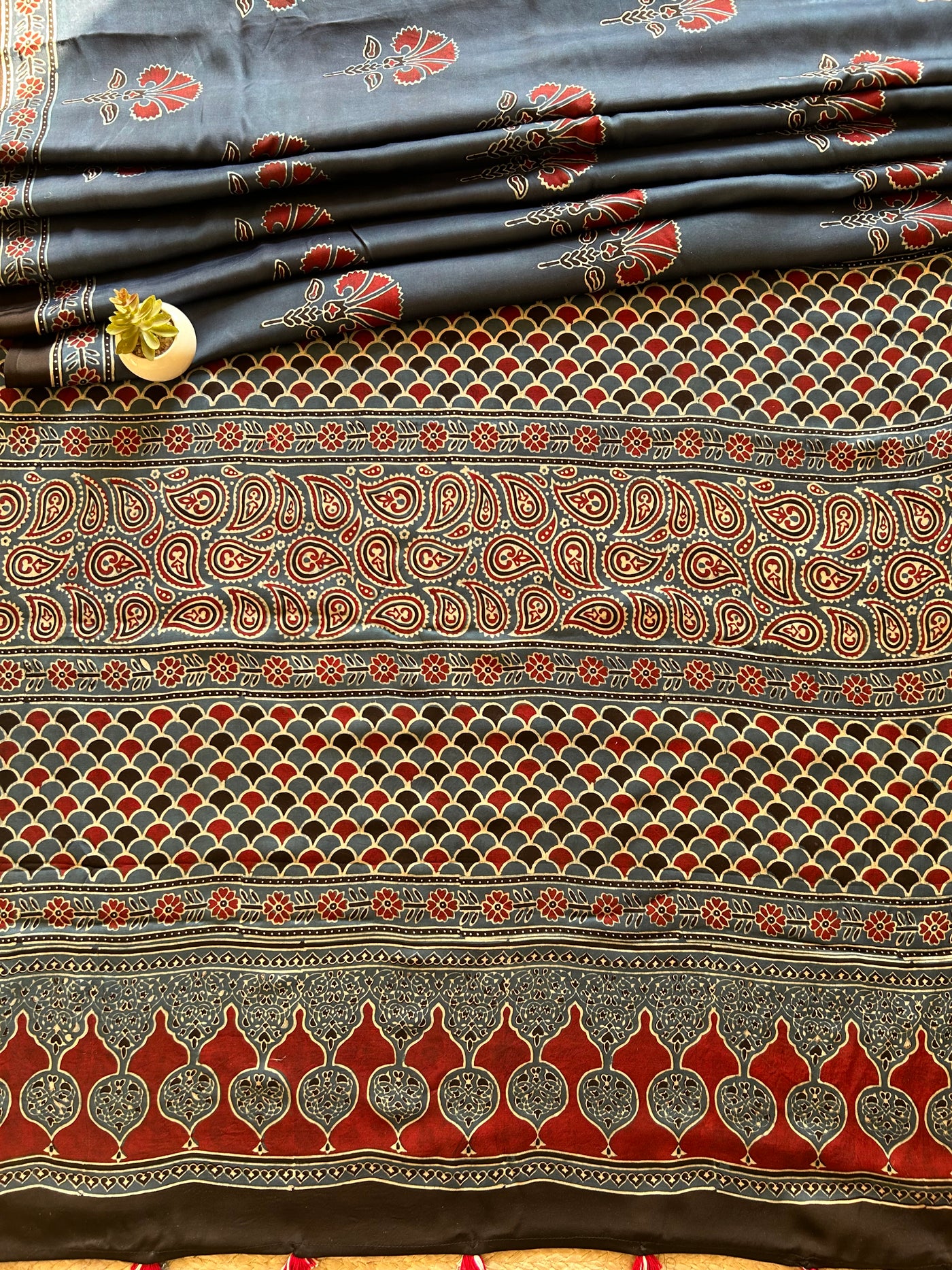 Swara:Indigo,HANDBLOCK PRINTED AJRAKH MODAL SILK SAREE