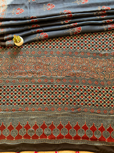 Swara:Indigo,HANDBLOCK PRINTED AJRAKH MODAL SILK SAREE