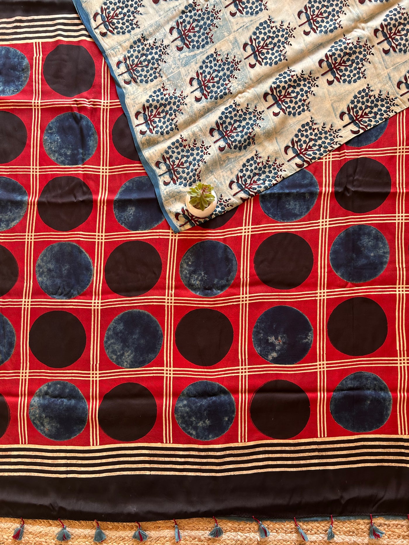 Roshni:Indigo,HANDBLOCK PRINTED AJRAKH MODAL SILK SAREE