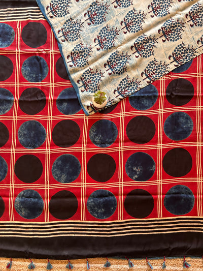 Roshni:Indigo,HANDBLOCK PRINTED AJRAKH MODAL SILK SAREE