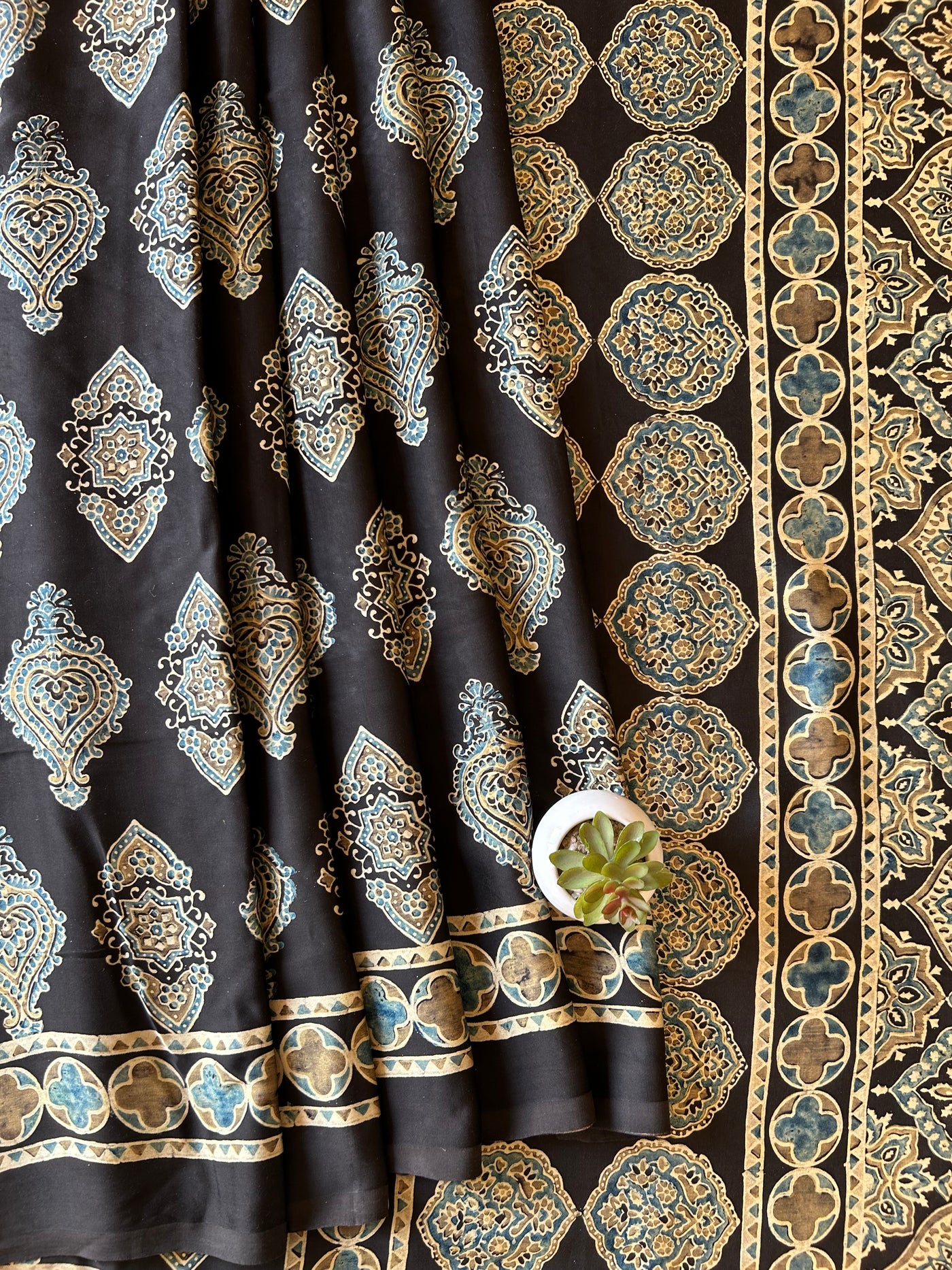 Menka:Black,HANDBLOCK PRINTED AJRAKH MODAL SILK SAREE