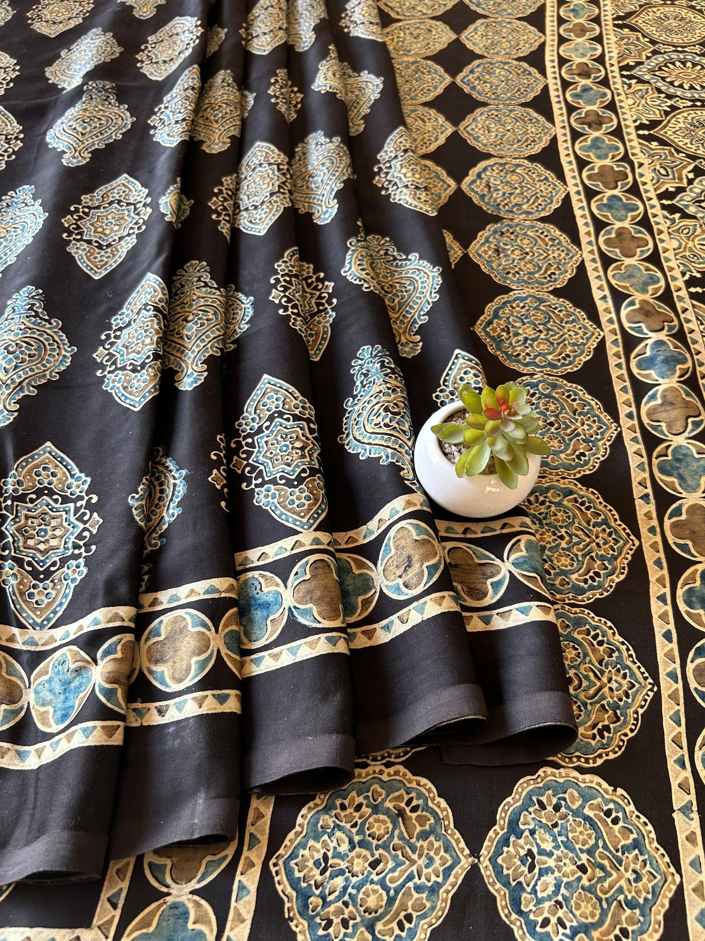 Menka:Black,HANDBLOCK PRINTED AJRAKH MODAL SILK SAREE