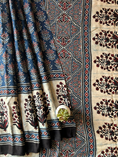 Boond: INDIGO,HANDBLOCK PRINTED AJRAKH MODAL SILK SAREE