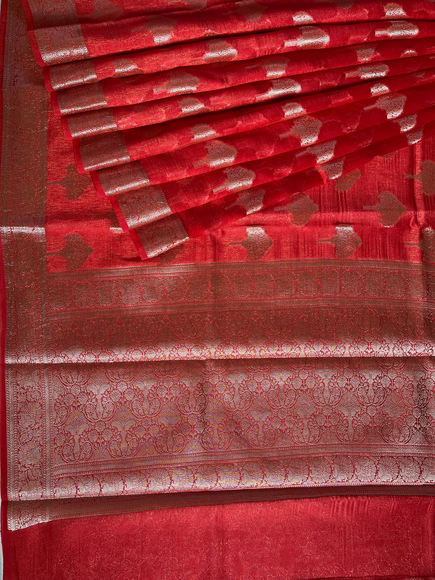 MRNALINI :RED, WEDDING WEAR BANARASI CHANDERI SILK SAREE