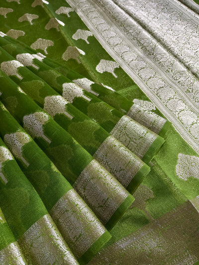 PARIJAT : HEENA GREEN, WEDDING WEAR BANARASI CHANDERI SILK SAREE