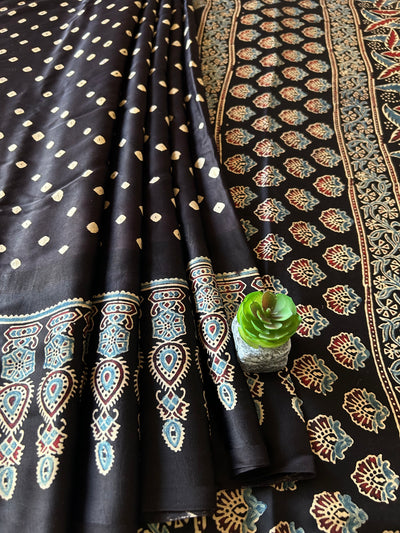 Black Blossom:HANDMADE AJRAKH BANDHEJ MODAL SILK SAREE