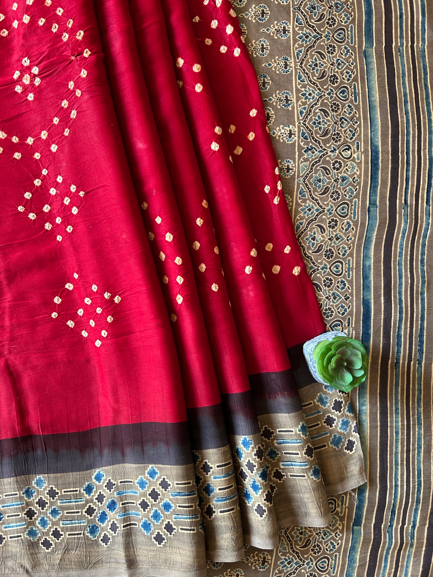 Red Love:HANDMADE AJRAKH BANDHEJ MODAL SILK SAREE