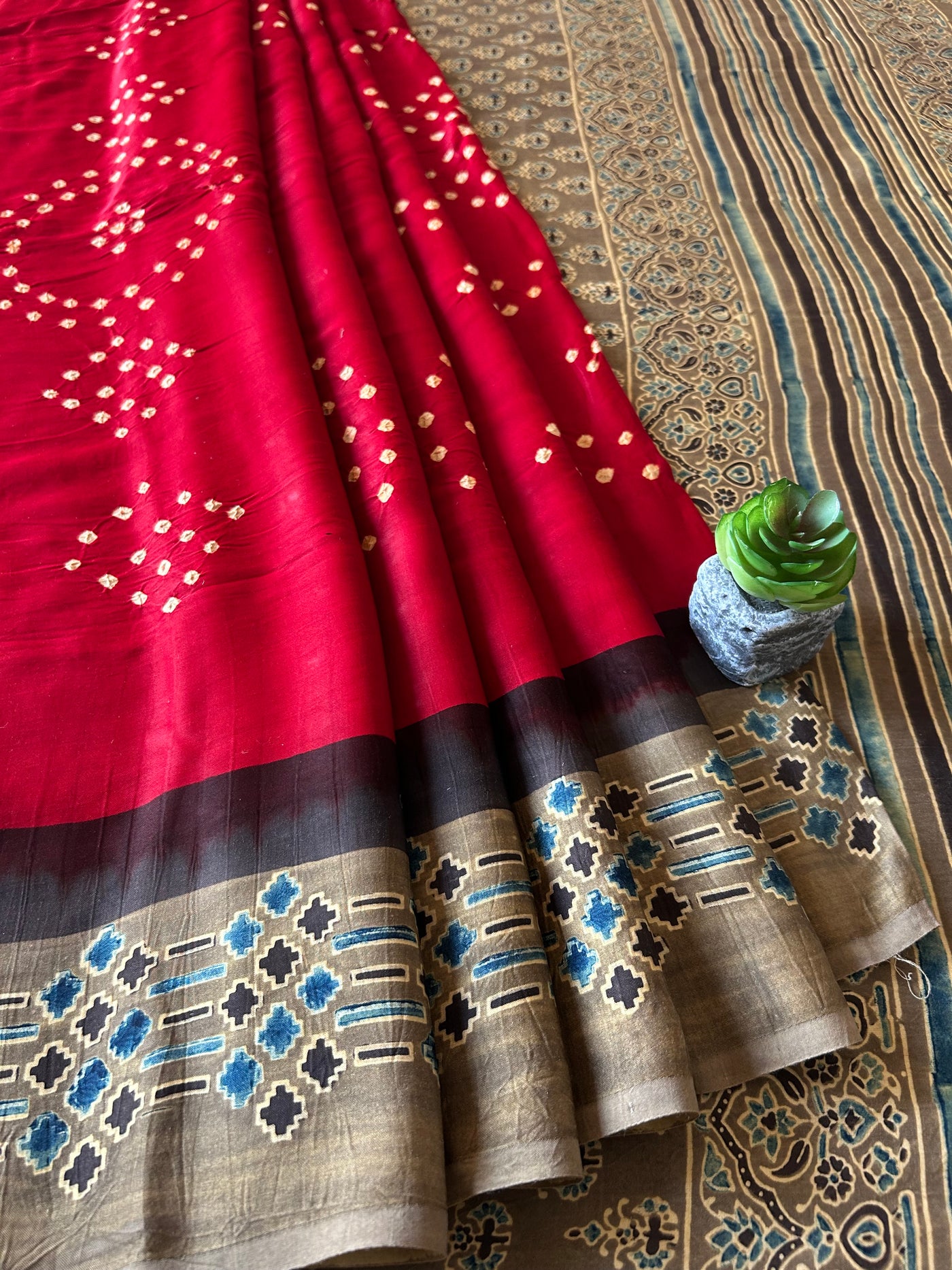 Red Love:HANDMADE AJRAKH BANDHEJ MODAL SILK SAREE