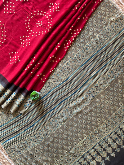 Red Love:HANDMADE AJRAKH BANDHEJ MODAL SILK SAREE