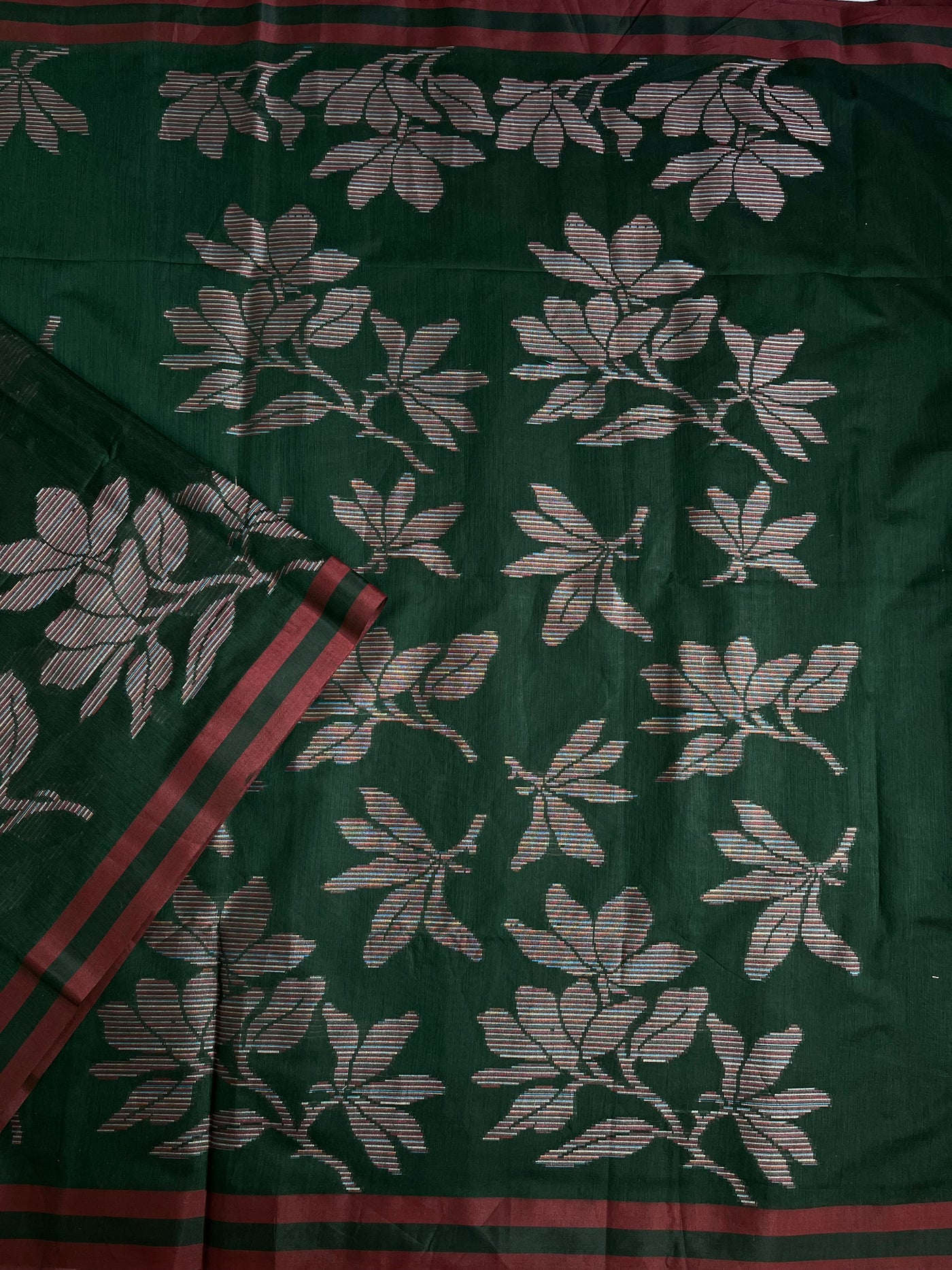 SANGEET: BOTTLE GREEN , PARTYWEAR PURE COTTON-EXCEL JAMDANI INSPIRED SAREE