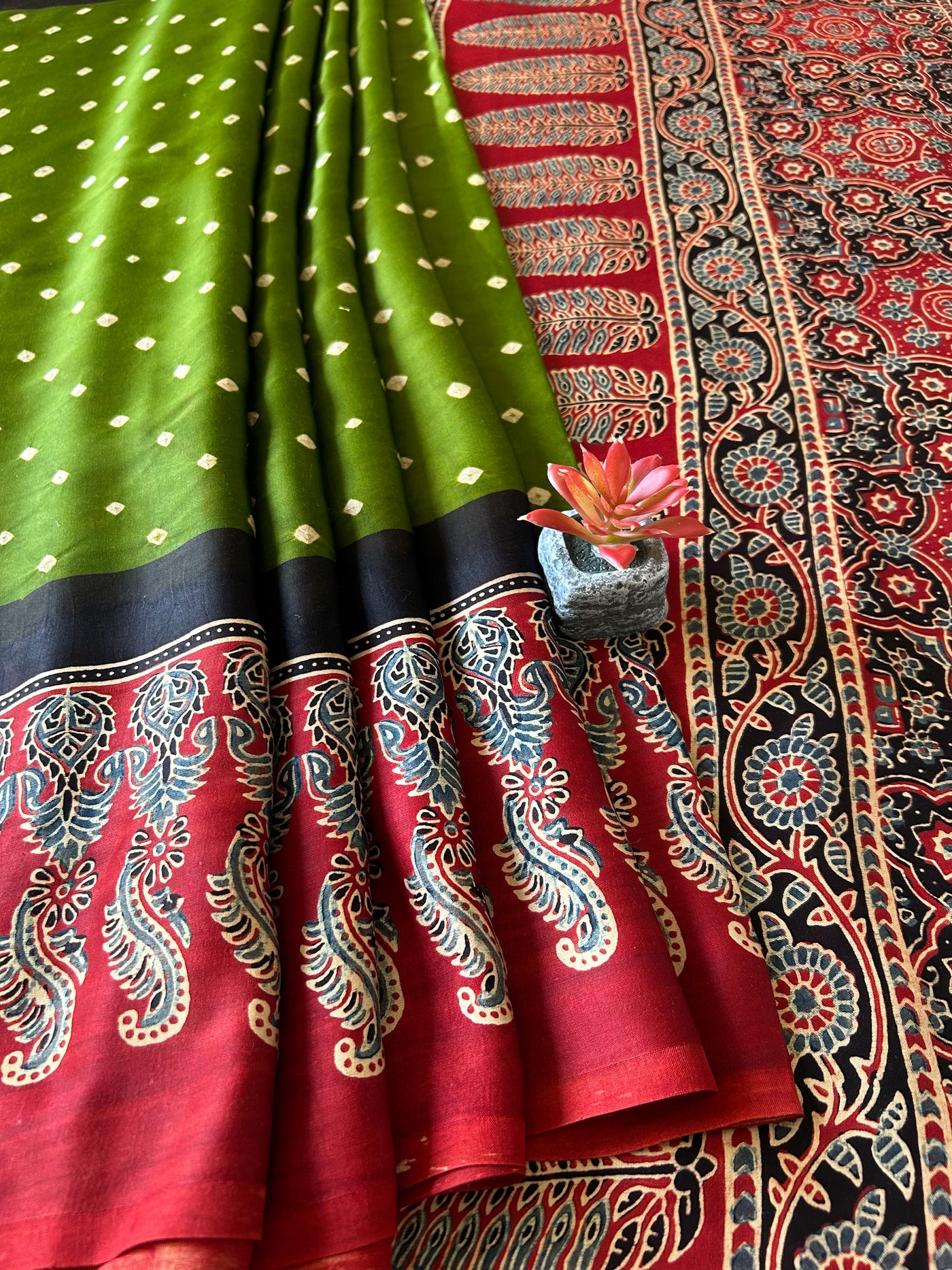 Mehandi:HANDMADE AJRAKH BANDHEJ MODAL SILK SAREE