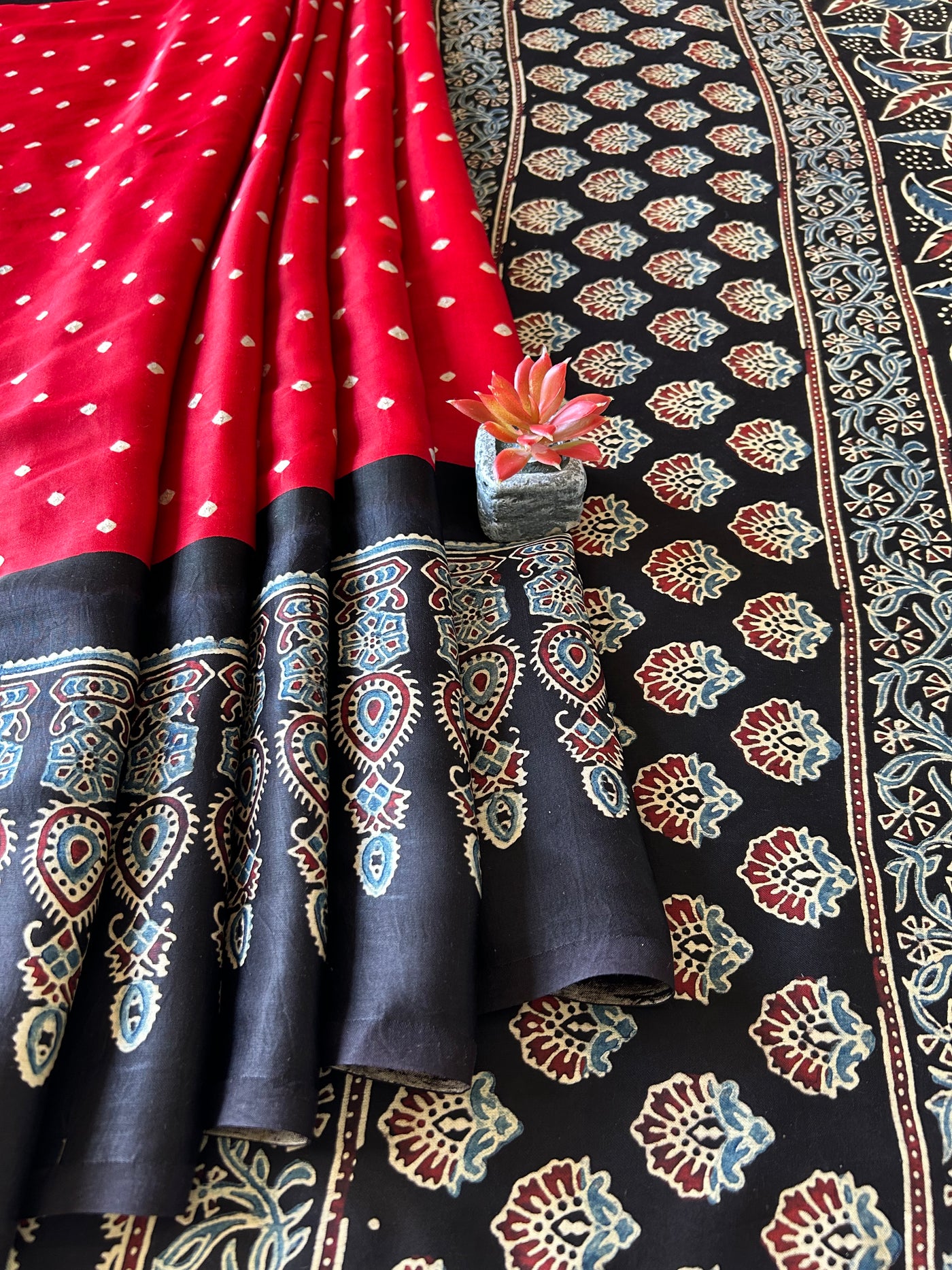 Sindoori:HANDMADE AJRAKH BANDHEJ MODAL SILK SAREE