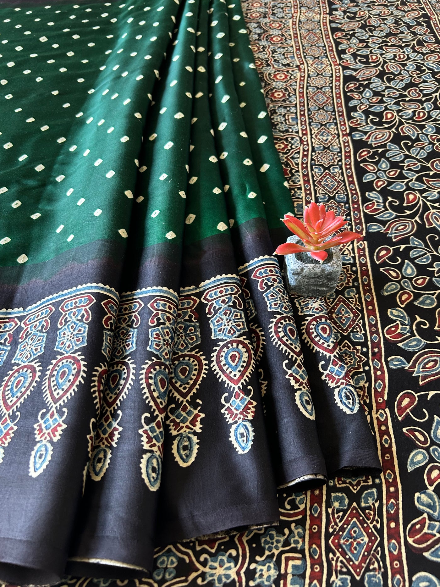 Hari Sari:HANDMADE AJRAKH BANDHEJ MODAL SILK SAREE