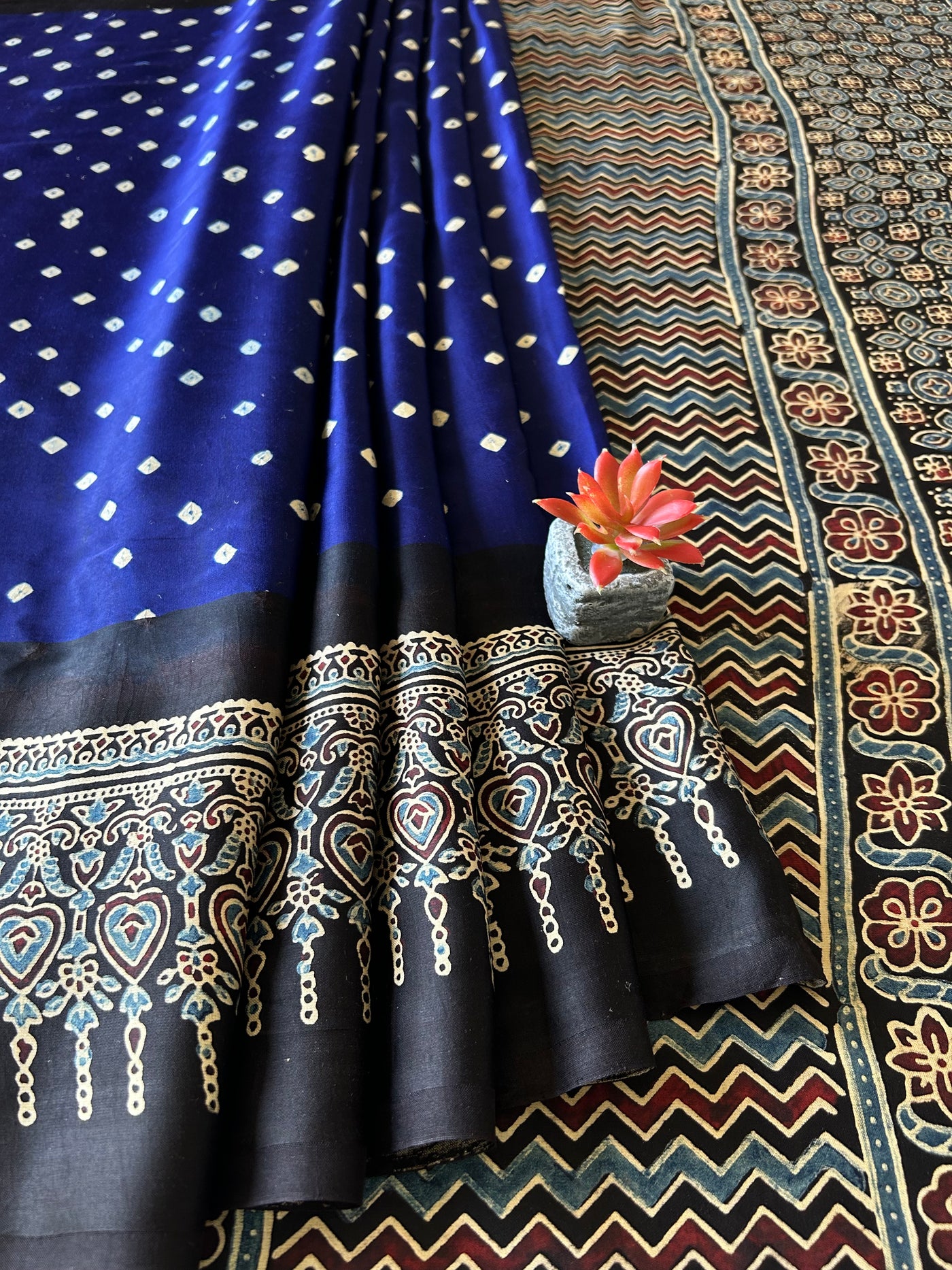 Neela :HANDMADE AJRAKH BANDHEJ MODAL SILK SAREE