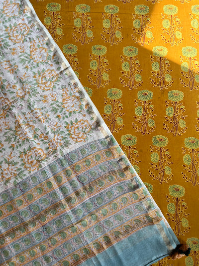 MOGRA: HANDBLOCK PRINTED AJRAKH COTTON 2 PIECE SUIT SET WITH CHANDERI DUPATTA