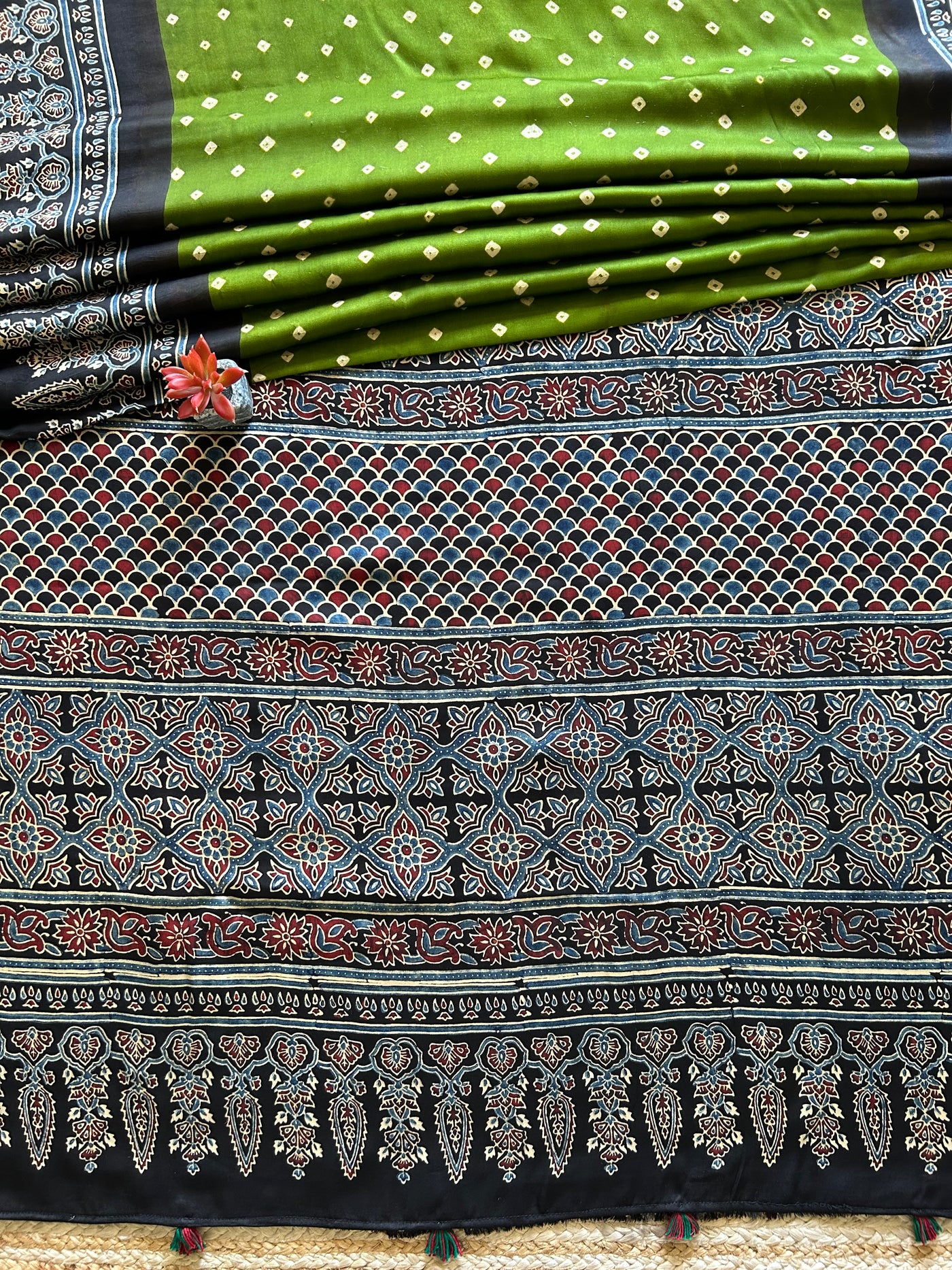 Gulnaar:HANDMADE AJRAKH BANDHEJ MODAL SILK SAREE