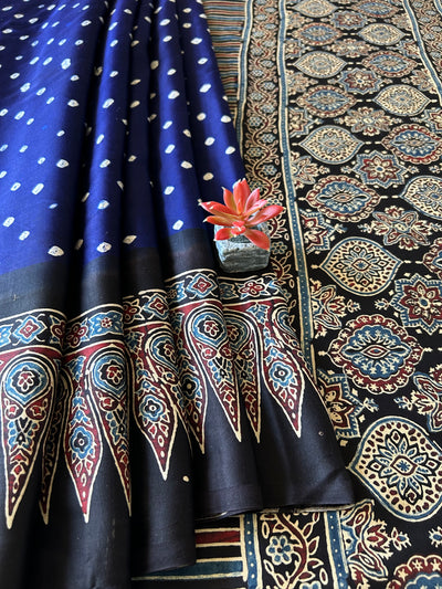 Simran:HANDMADE AJRAKH BANDHEJ MODAL SILK SAREE