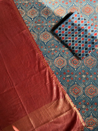 SANDHYA :HANDBLOCK AJRAKH COTTON 3 PIECE SUIT SET WITH KOTA DORIA DUPATTA