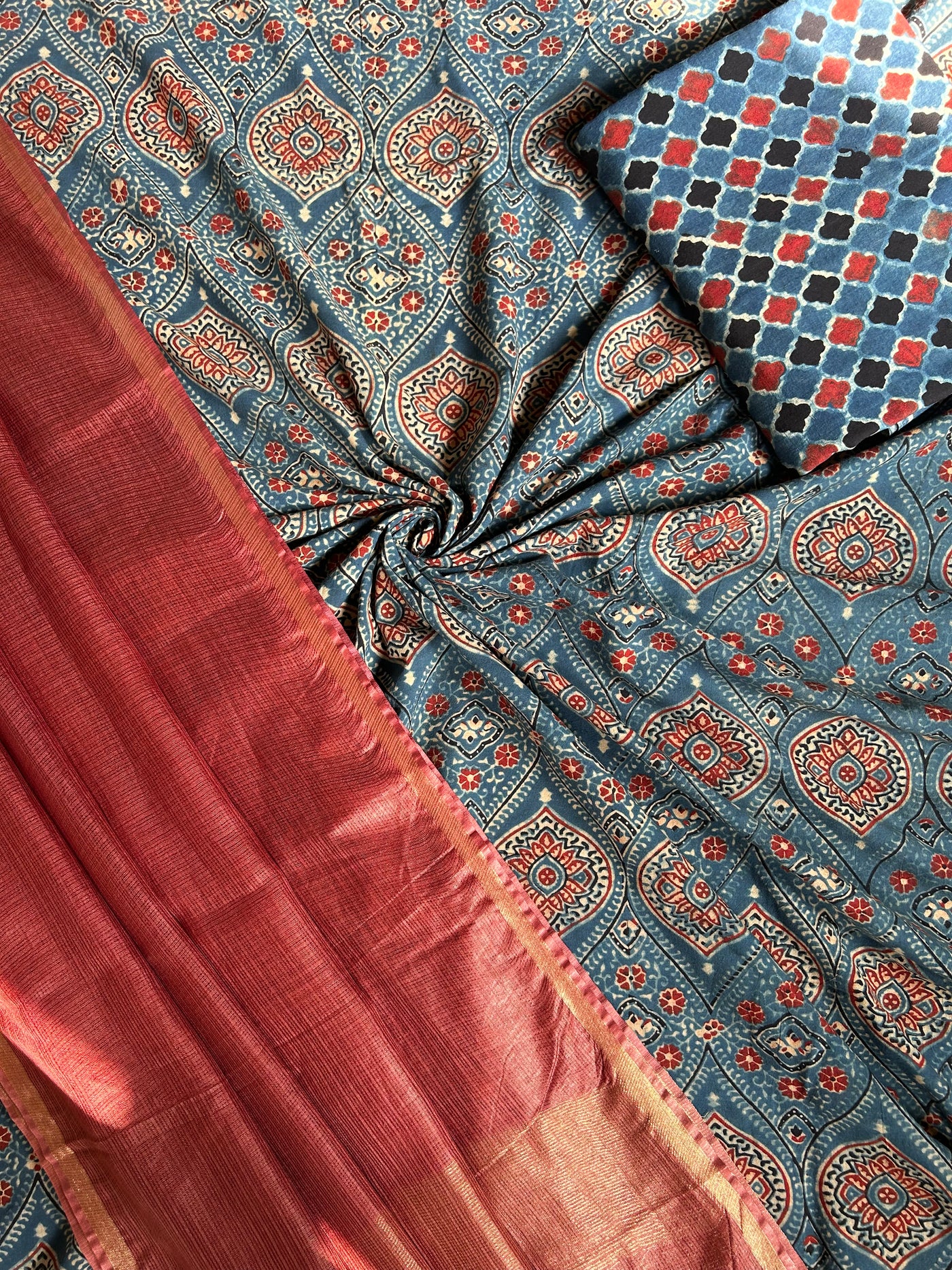 SANDHYA :HANDBLOCK AJRAKH COTTON 3 PIECE SUIT SET WITH KOTA DORIA DUPATTA