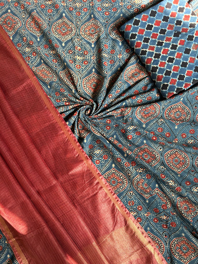 SANDHYA :HANDBLOCK AJRAKH COTTON 3 PIECE SUIT SET WITH KOTA DORIA DUPATTA