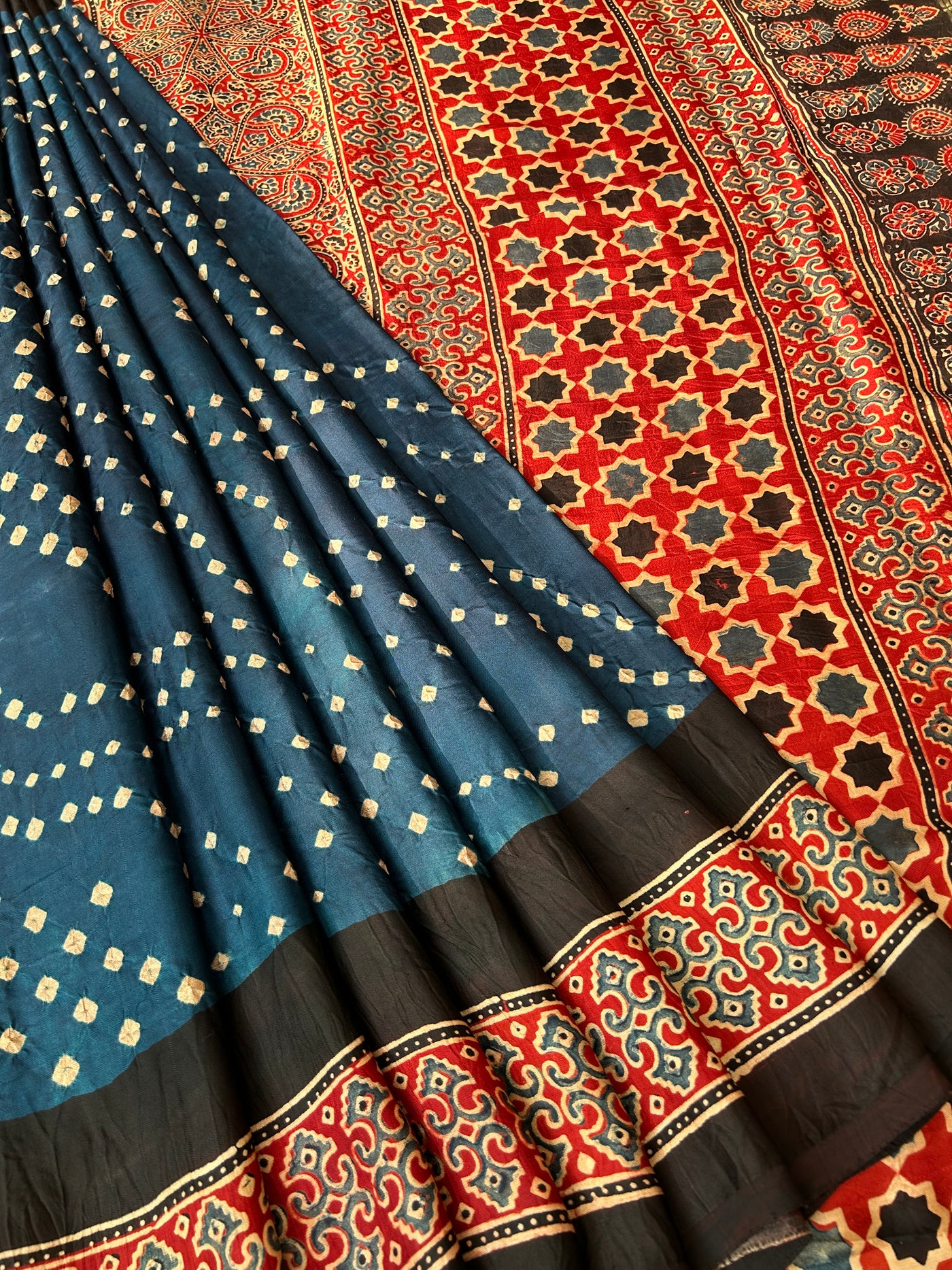 REHANA: AJRAKH BANDHEJ TISSUE MODAL SILK SAREE