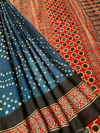 REHANA: AJRAKH BANDHEJ TISSUE MODAL SILK SAREE