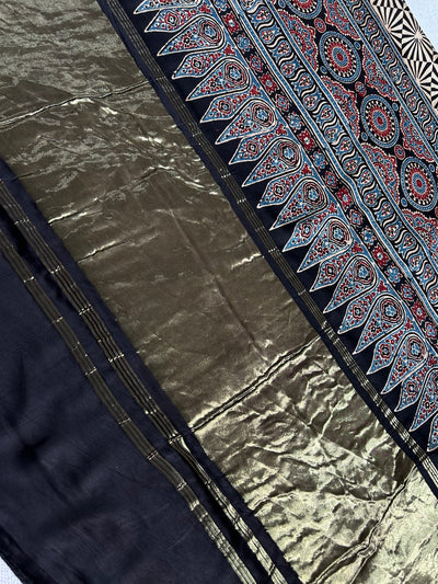 UTSAVI: HANDBLOCK AJRAKH MODAL SILK SAREE WITH TISSUE PALLU