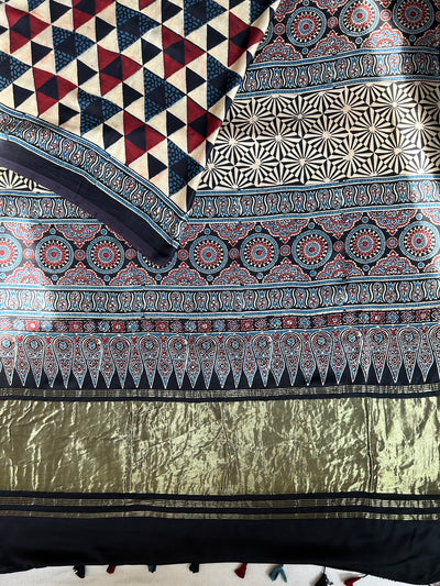 UTSAVI: HANDBLOCK AJRAKH MODAL SILK SAREE WITH TISSUE PALLU