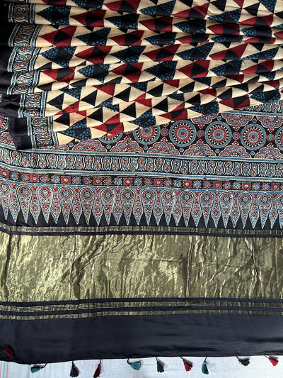 UTSAVI: HANDBLOCK AJRAKH MODAL SILK SAREE WITH TISSUE PALLU