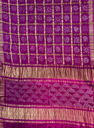 TEJASWANI : PURPLE Handmade Bandhani Pure Gajji Silk Gharchola Saree