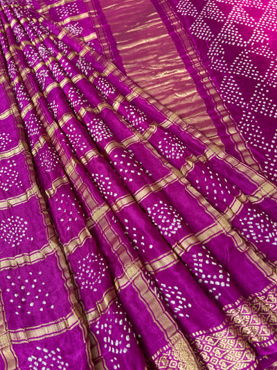 TEJASWANI : PURPLE Handmade Bandhani Pure Gajji Silk Gharchola Saree