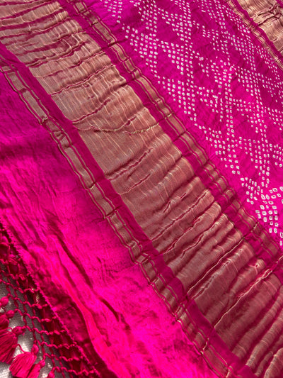 KINJAL : GULABI, Handmade Bandhani Pure Gajji Silk Gharchola Saree