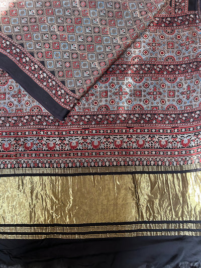 MASAKALI: HANDBLOCK AJRAKH MODAL SILK SAREE WITH TISSUE PALLU