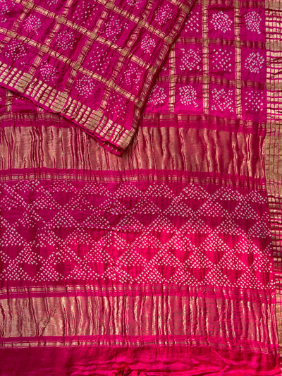 KINJAL : GULABI, Handmade Bandhani Pure Gajji Silk Gharchola Saree