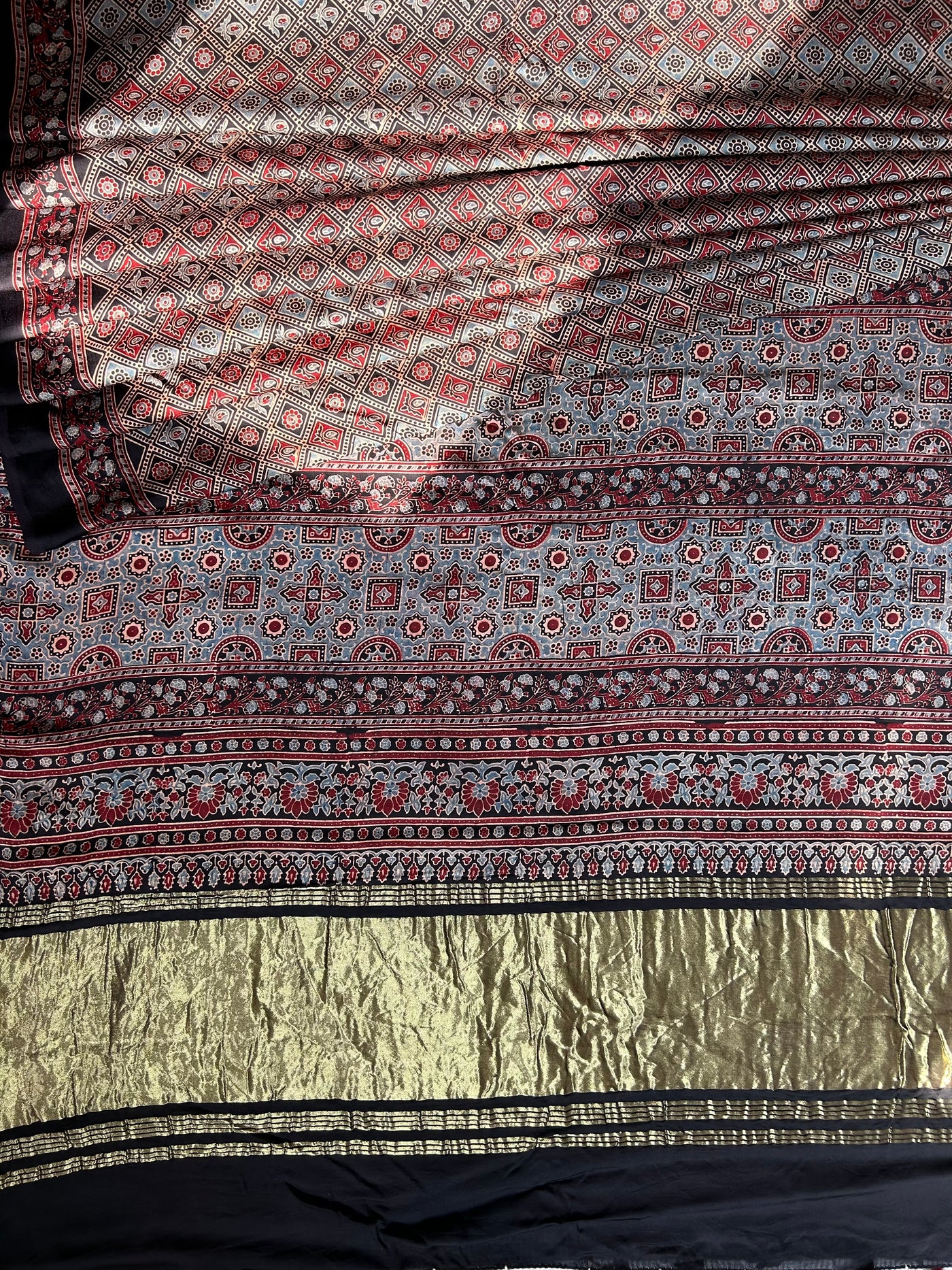 MASAKALI: HANDBLOCK AJRAKH MODAL SILK SAREE WITH TISSUE PALLU