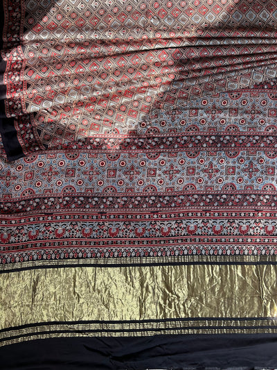 MASAKALI: HANDBLOCK AJRAKH MODAL SILK SAREE WITH TISSUE PALLU