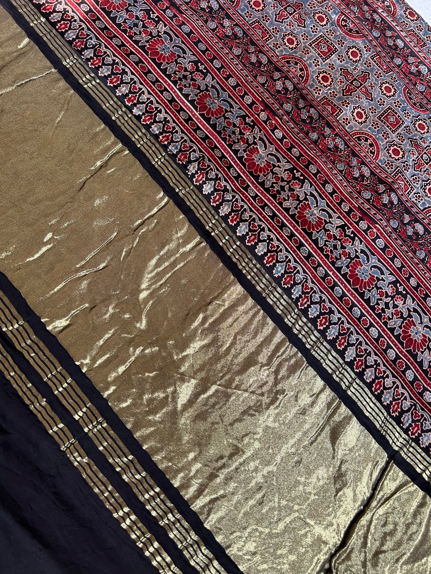 MASAKALI: HANDBLOCK AJRAKH MODAL SILK SAREE WITH TISSUE PALLU