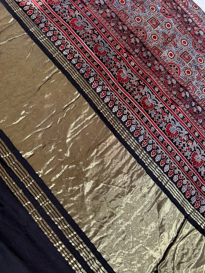 MASAKALI: HANDBLOCK AJRAKH MODAL SILK SAREE WITH TISSUE PALLU