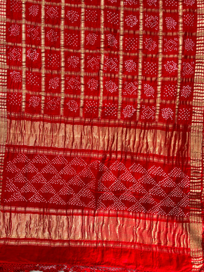 Aarya:Red, Handmade Bandhani Pure Gajji Silk Gharchola Saree