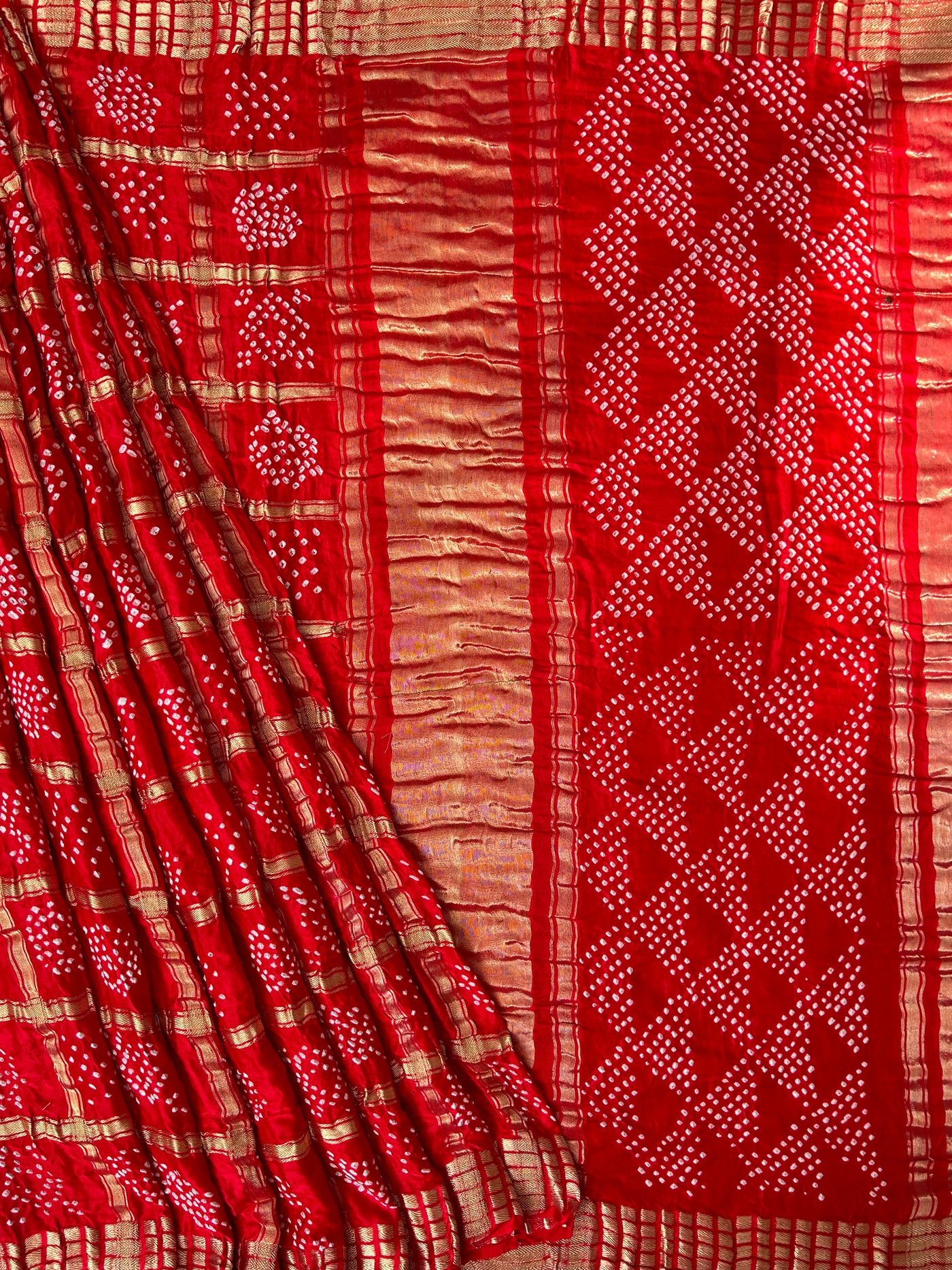 Aarya:Red, Handmade Bandhani Pure Gajji Silk Gharchola Saree