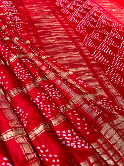 Aarya:Red, Handmade Bandhani Pure Gajji Silk Gharchola Saree